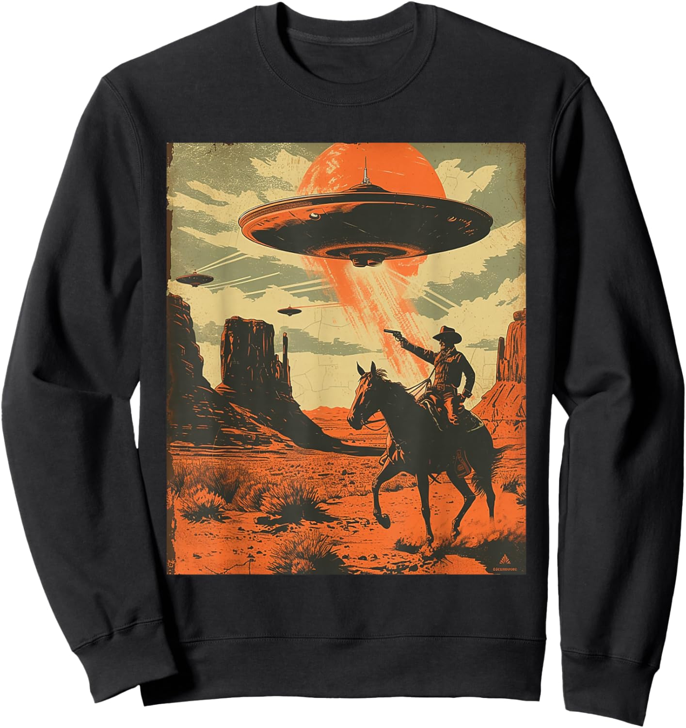 Retro Desert Cowboy Riding Horse Shooting At Space UFO Art Sweatshirt - Sweatshirt | Black