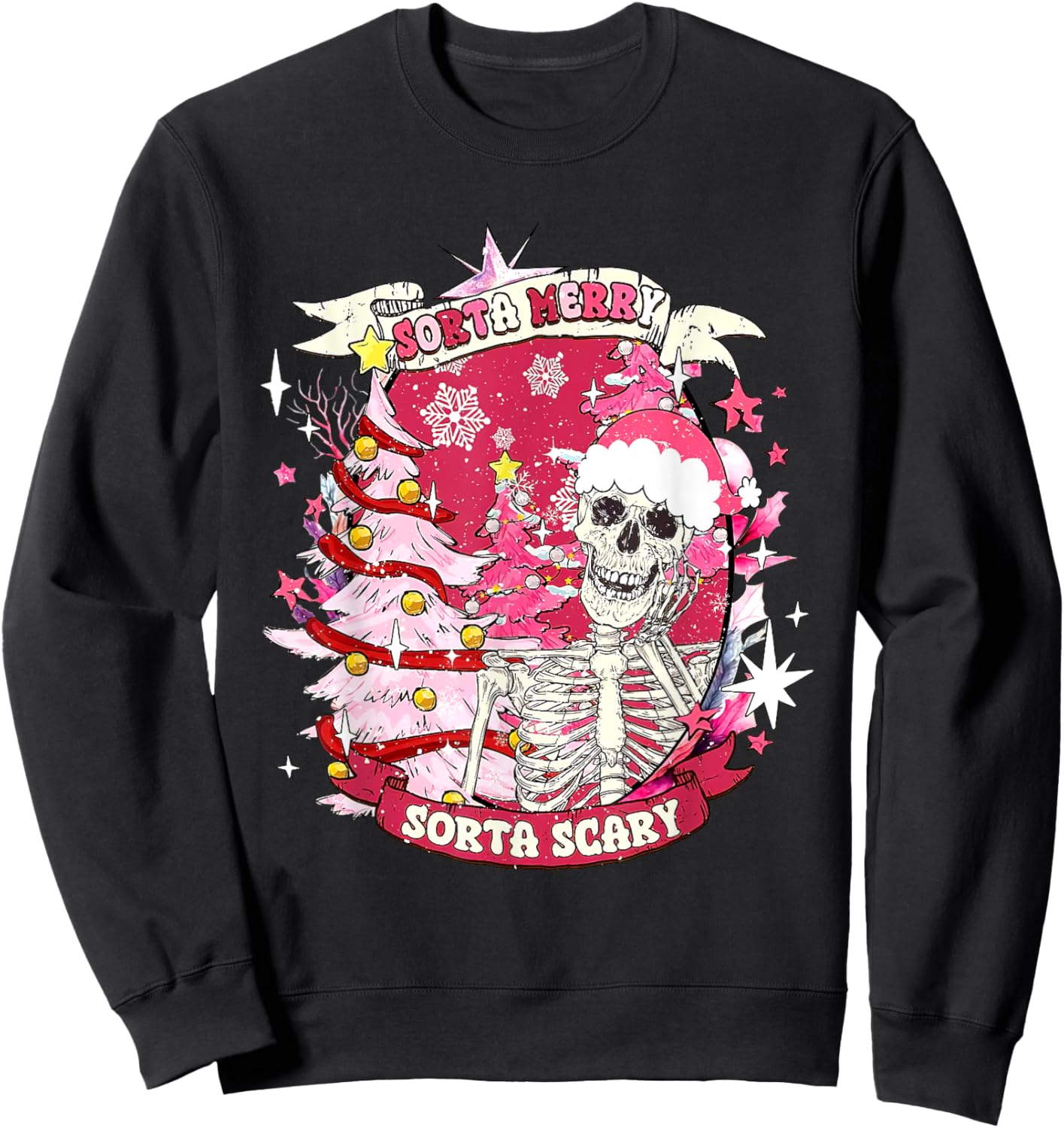 Christmas Sorta Merry Sorta Scary Skeleton Pink Xmas Tree Sweatshirt - Sweatshirt | Black