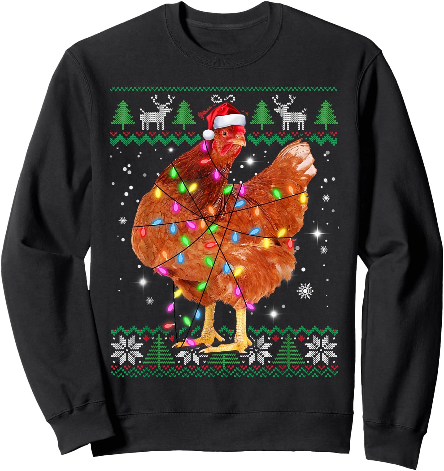 Ugly Christmas Chicken Santa Hat Lights Sweater Xmas Sweatshirt - Sweatshirt | Black