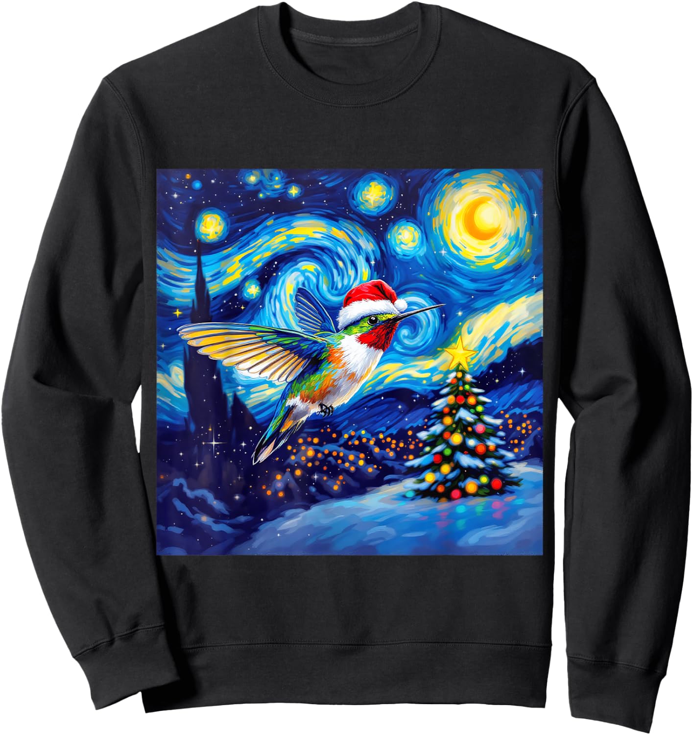 Christmas Hummingbird Santa Hat Van Gogh Starry Night Sweatshirt - Sweatshirt | Black