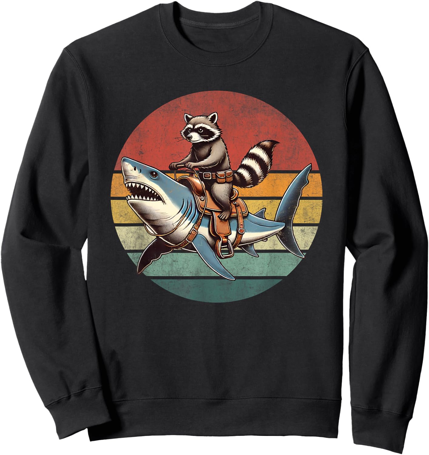 Vintage Raccoon Shark Rider Funny Retro Raccoon Riding Shark Sweatshirt - Sweatshirt | Black