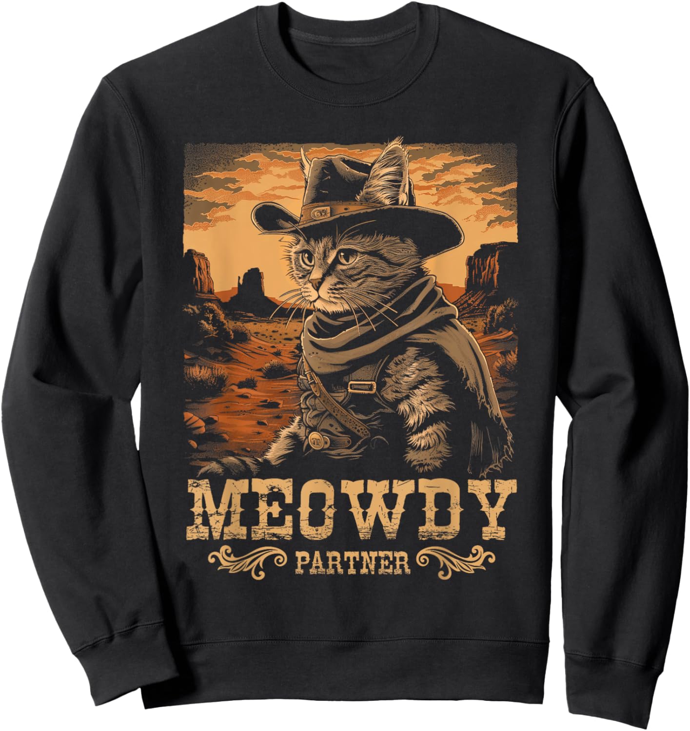 Meowdy Cute Kitten Funny Cat Cowboy Hat Country Love Animal Sweatshirt - Sweatshirt | Black