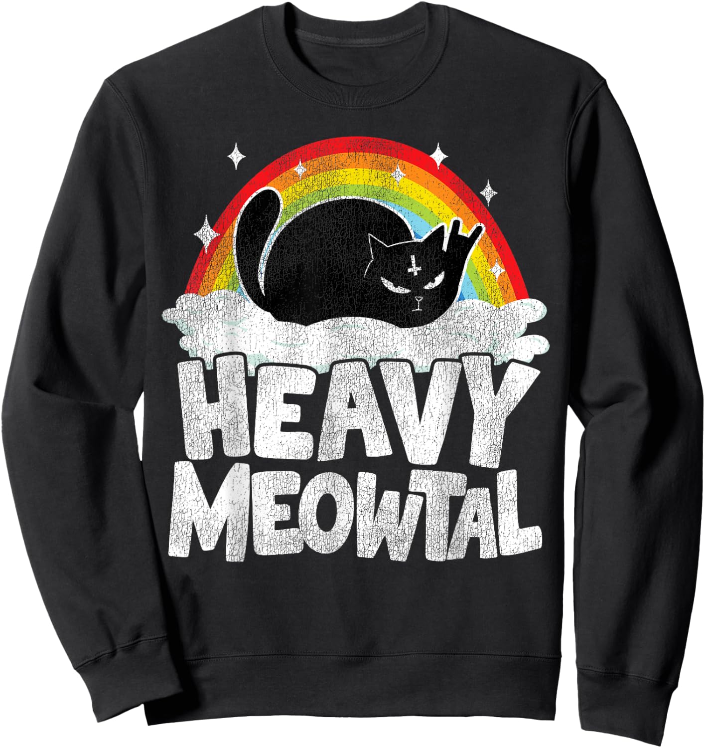 Heavy Meowtal Cat Retro Rainbow Satanic Funny Heavy Metal Sweatshirt - Sweatshirt | Black