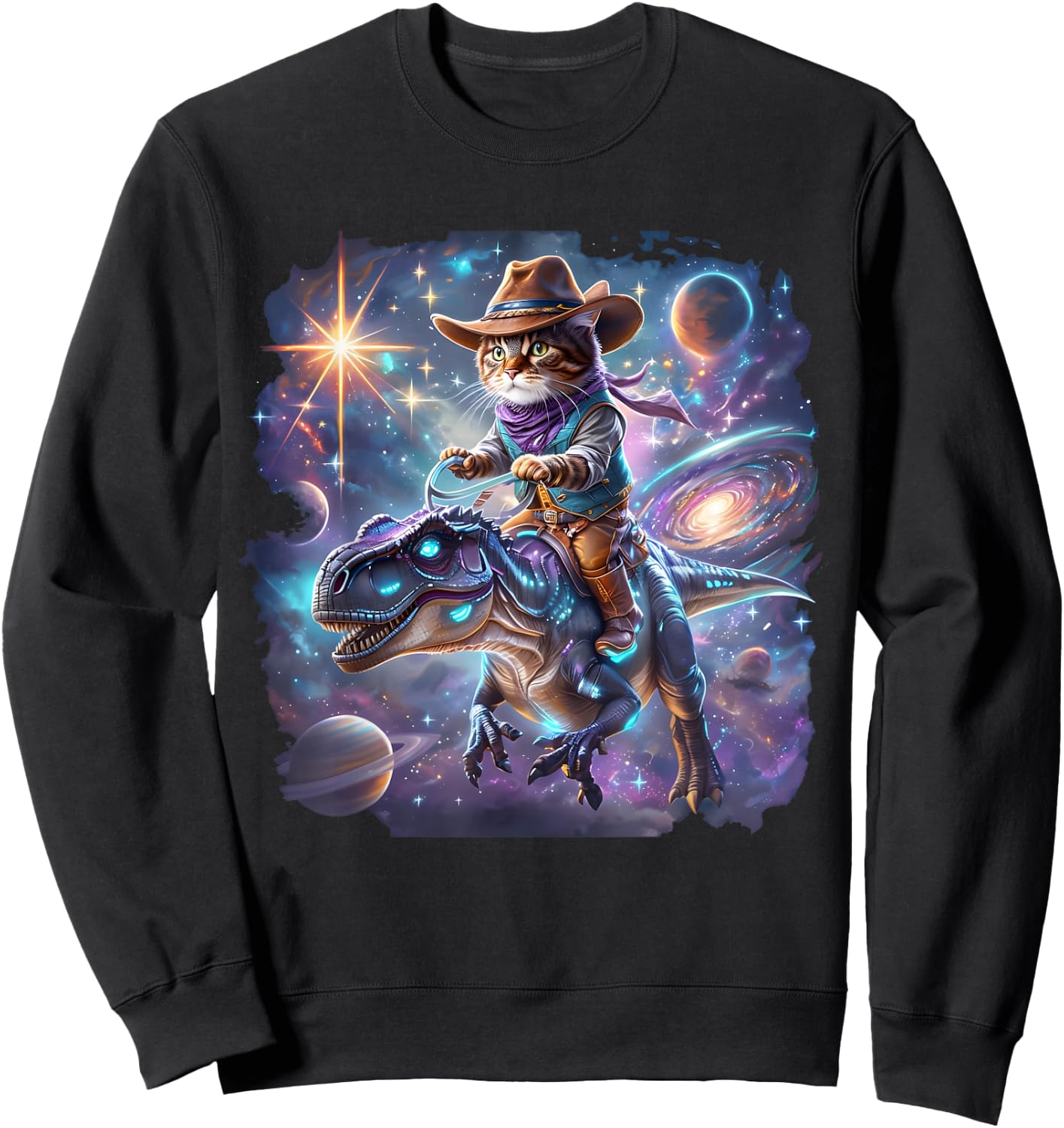 Cat Riding Dinosaur Funny Cat Cowboy Hat Rainbow Galaxy Sweatshirt - Sweatshirt | Black