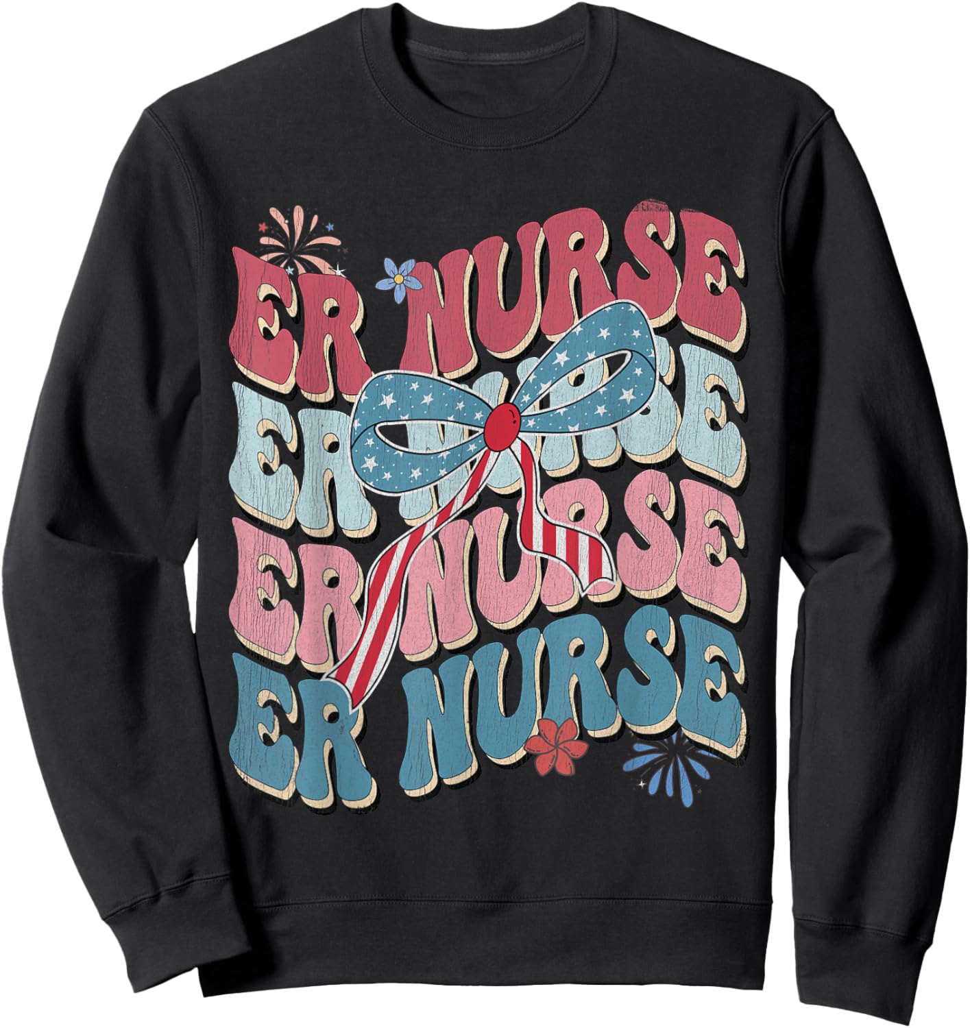 ER Nurse Patriotic 4th of July American Retro Groovy Sweatshirt - Sweatshirt | Black