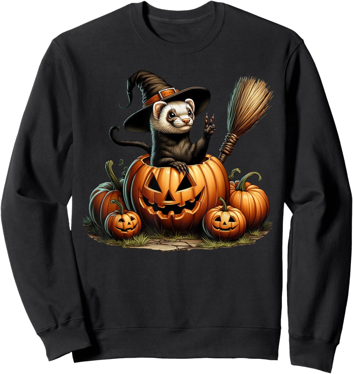 Funny Ferret Witch Pumpkin Halloween Kids Sweatshirt - Sweatshirt | Black