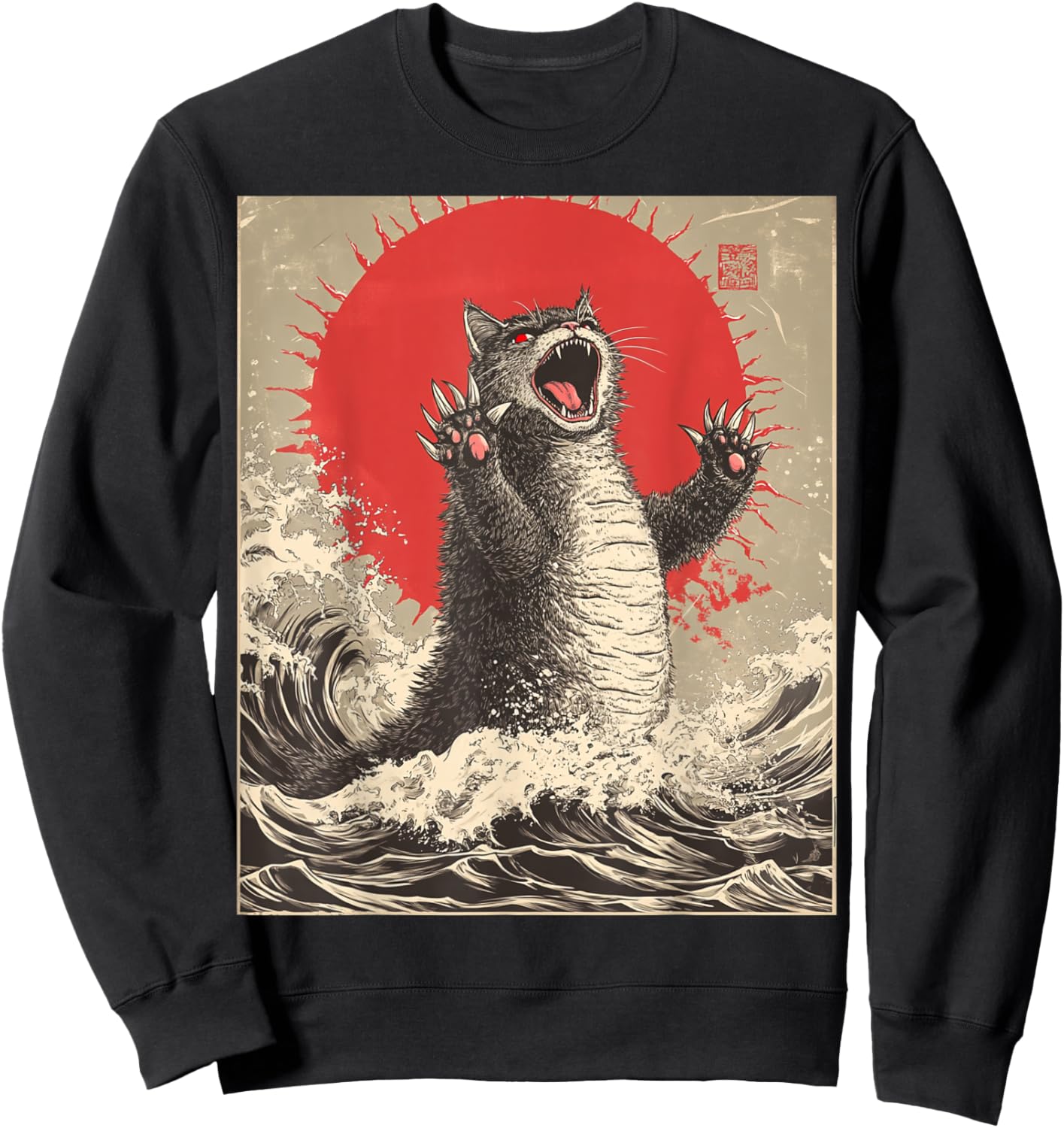 Funny Cat Lover Graphic Art Cute Catzilla Cat Japanese Art Funny Cat Sweatshirt - Sweatshirt | Black