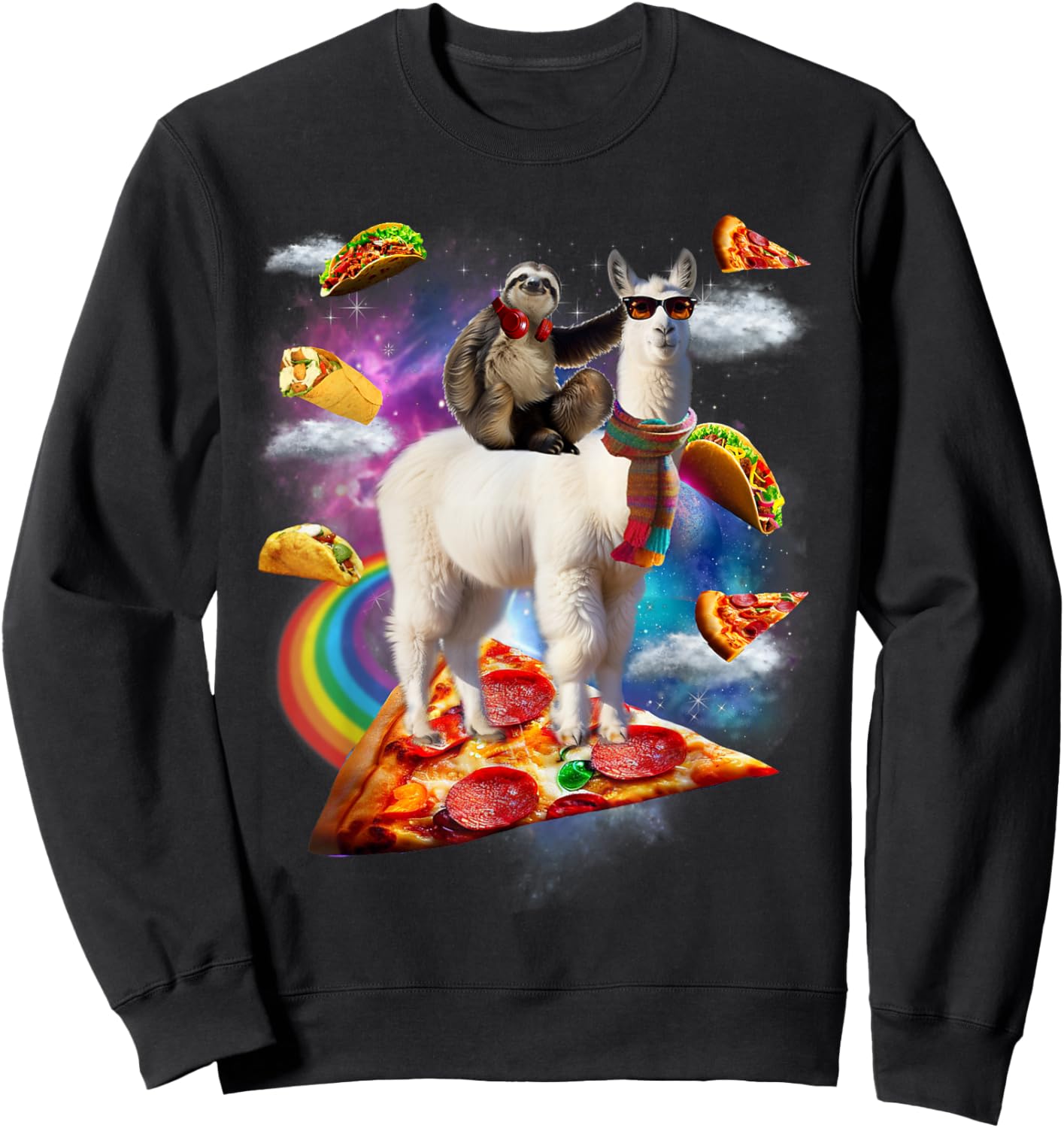 Sloth Riding Llama Shirt - Galaxy Pizza Taco Burrito Gift Sweatshirt - Sweatshirt | Black