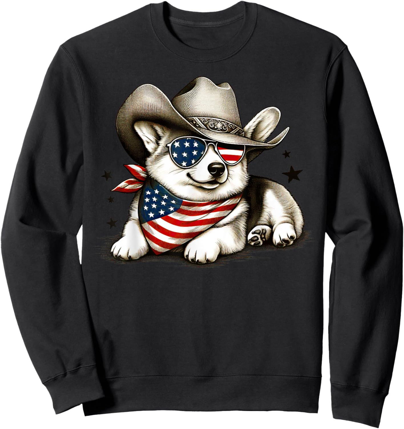 Corgi Cowboy Hat 4th of July American Flag USA Patriotic Dog Sweatshirt - Sweatshirt | Black
