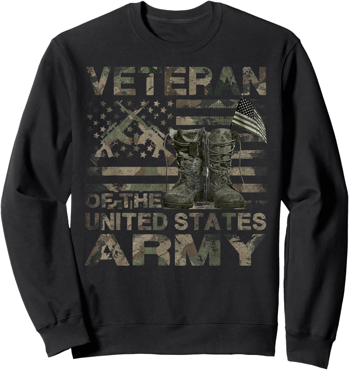 Distressed American Flag Camouflage Proud US Army Veteran Sweatshirt - Sweatshirt | Black