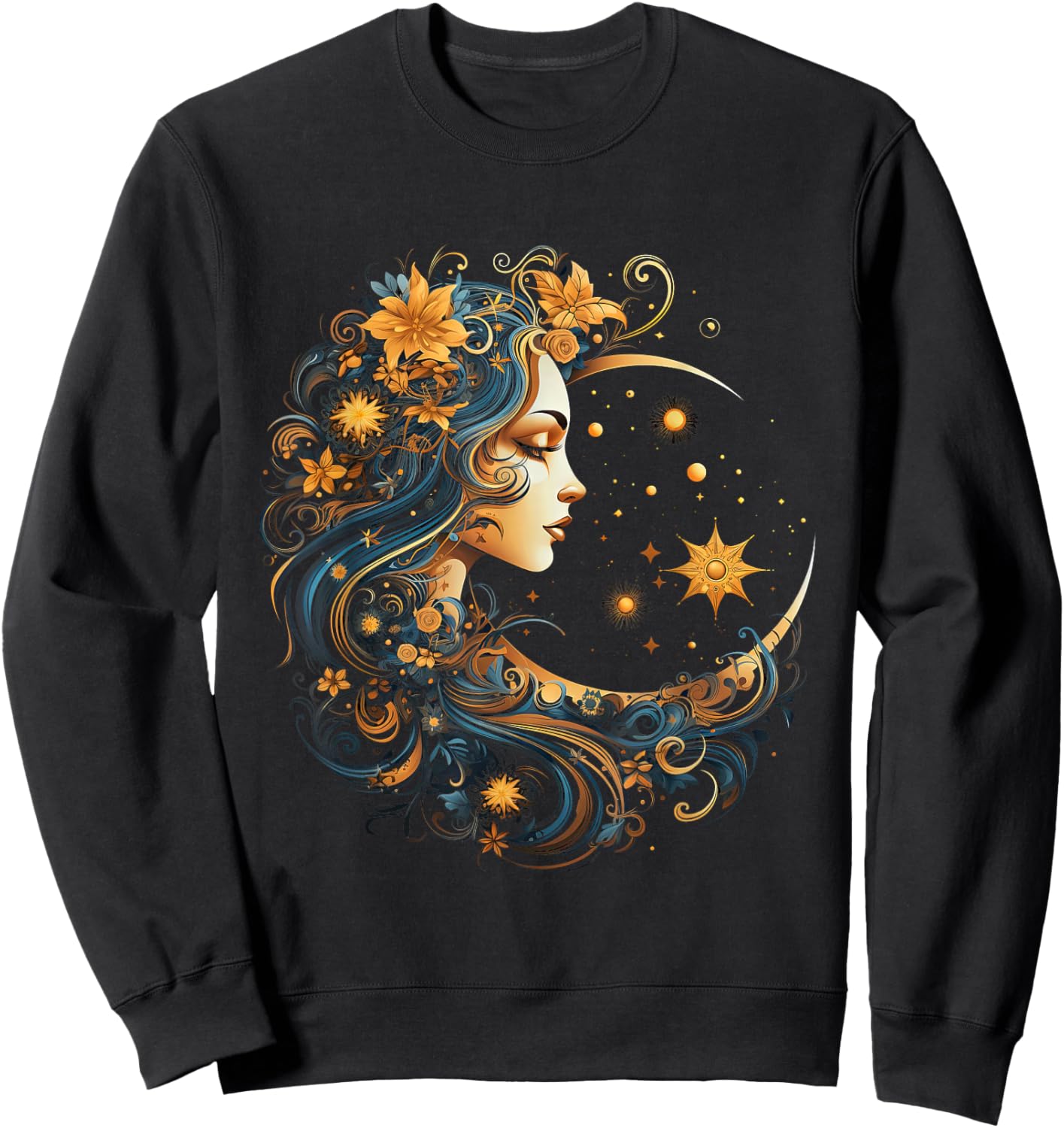 Mystic Sun and Moon Woman Mystical Flowers Aesthetic Sweatshirt - Sweatshirt | Black