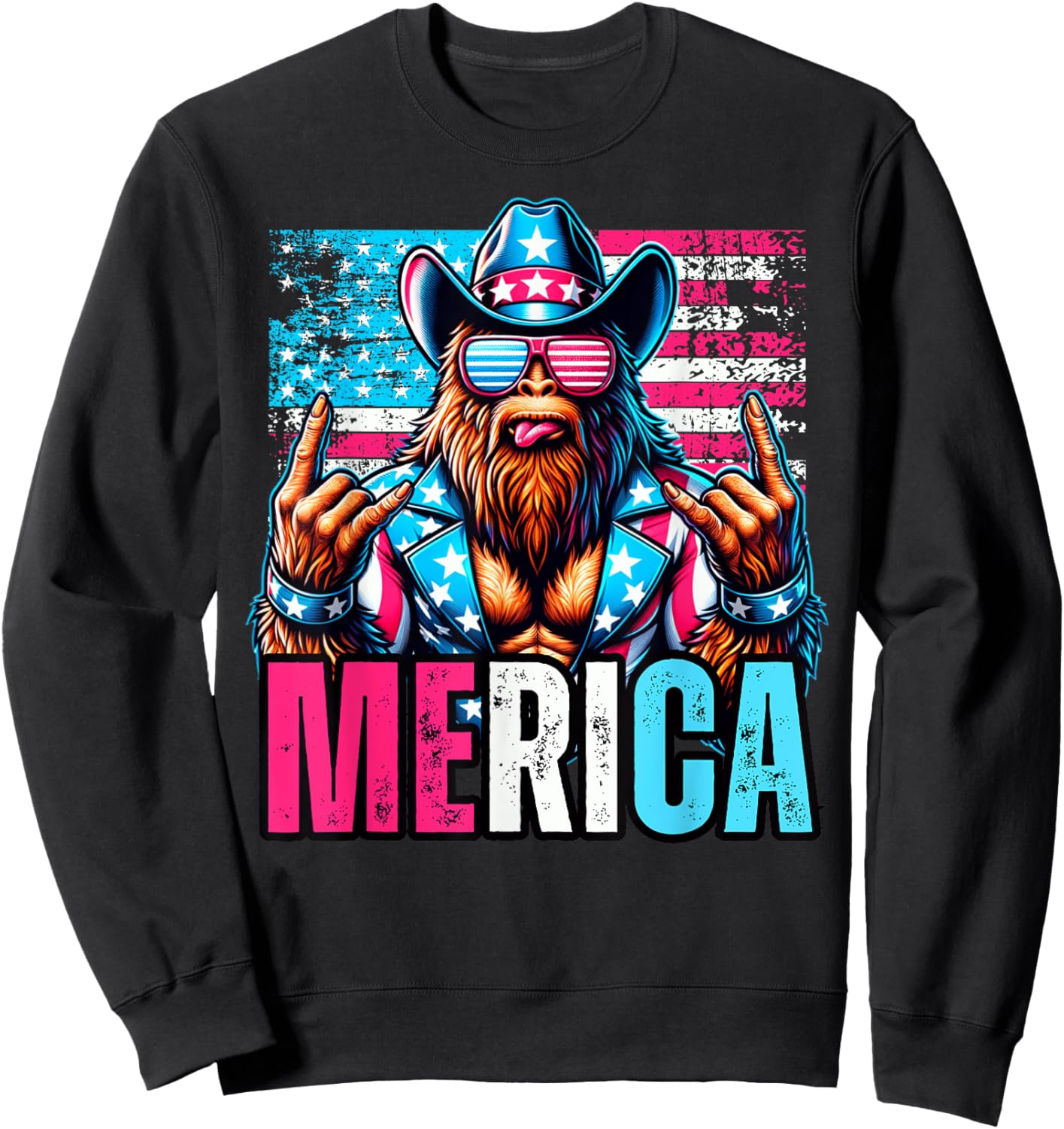Sasquatch Merica 4th Of July American Flag Cowboy Rocker Sweatshirt - Sweatshirt | Black
