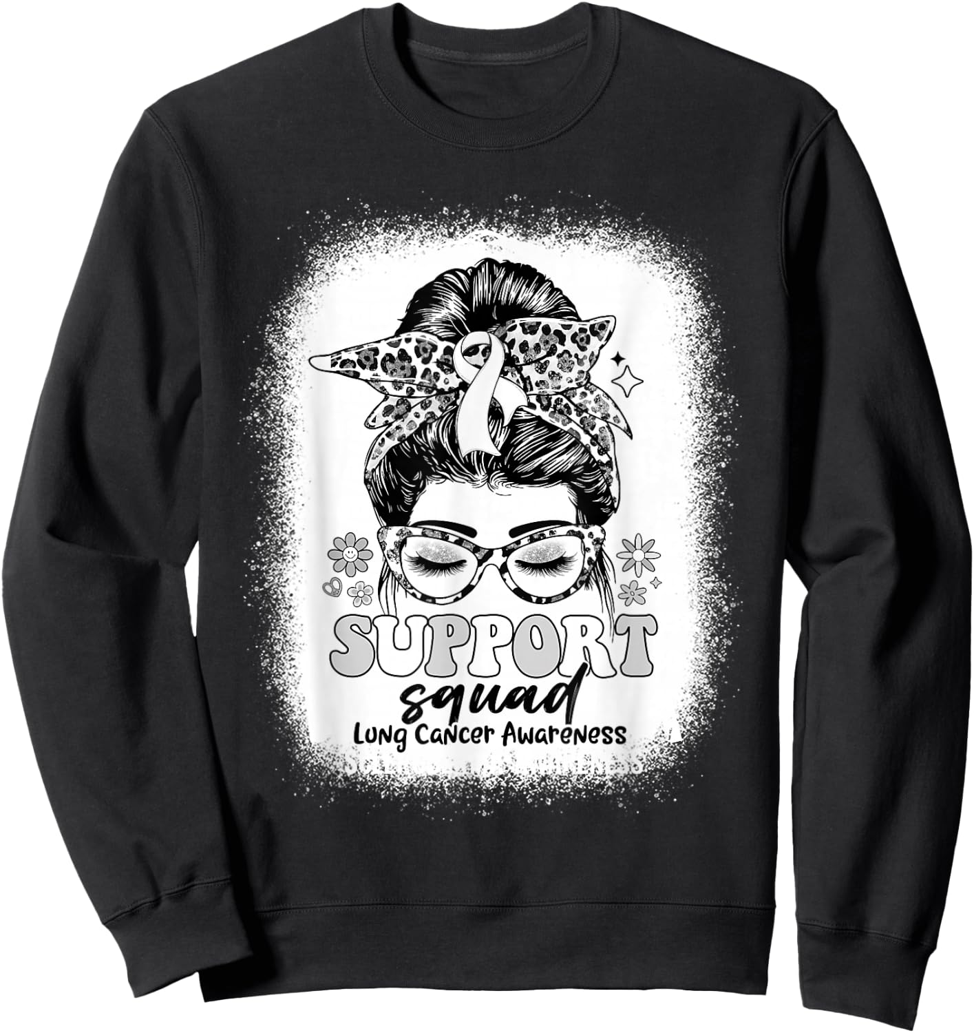 Groovy Support Squad Messy Bun Lung Cancer Awareness Gifts Sweatshirt - Sweatshirt | Black
