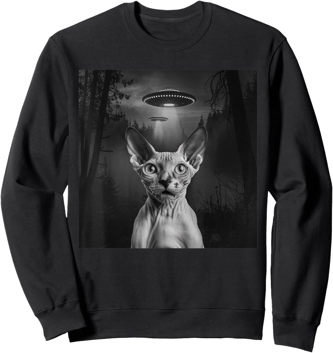 Sphynx Cat Selfie With Alien UFO Funny Cat Outfit Sweatshirt - Sweatshirt | Black