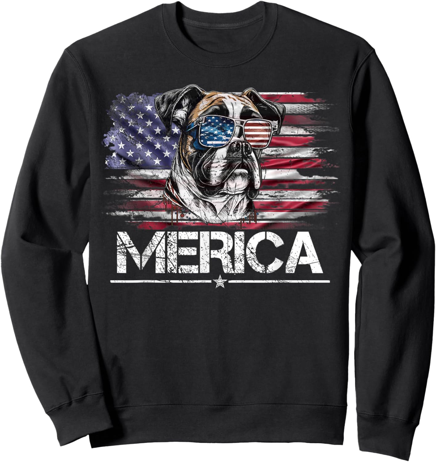 Vintage Boxer Dog, Merica Boxer Dog USA Flag Funny Women Kids Men Sweatshirt - Sweatshirt | Black