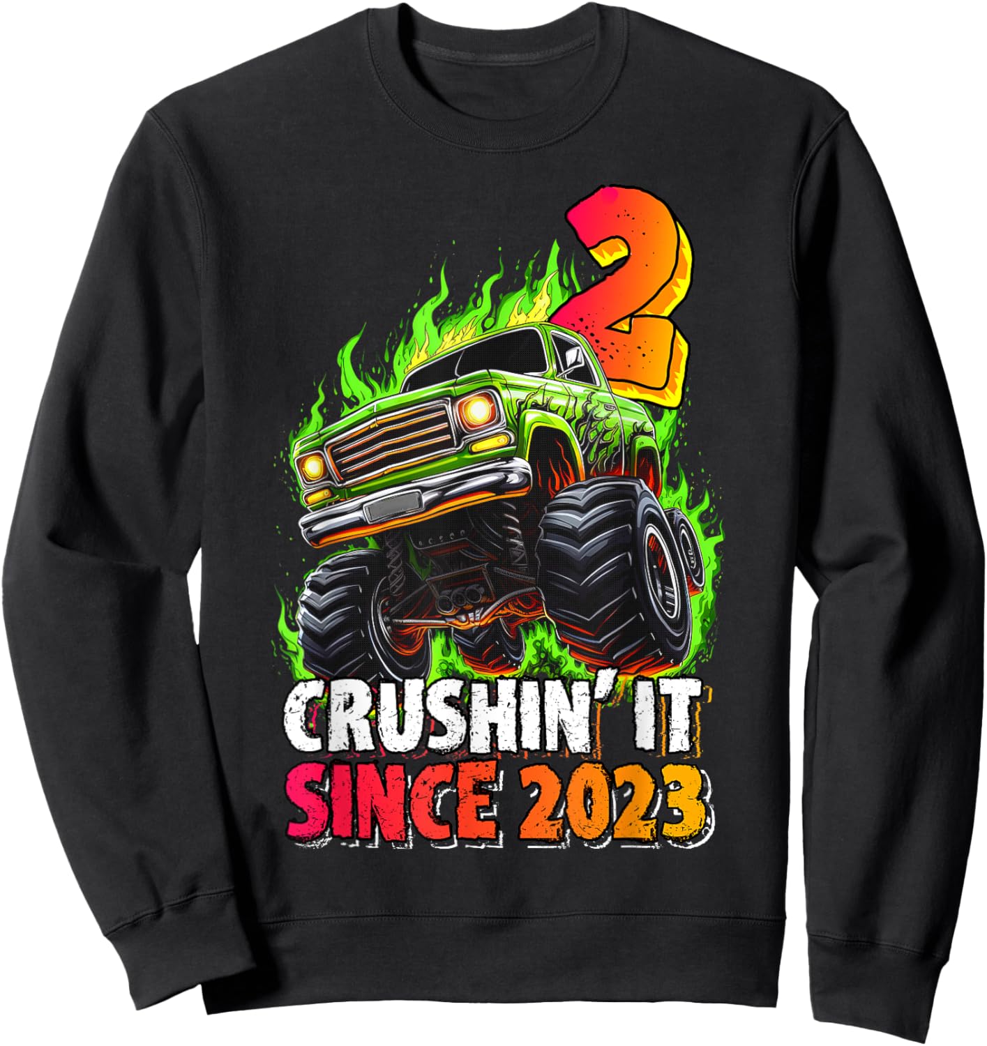 Birthday Monster Truck 2 Year Old Boys 2nd Party Born 2023 Sweatshirt - Sweatshirt | Black