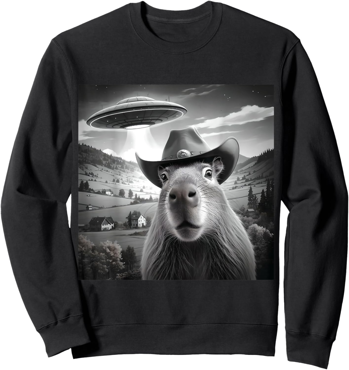 Funny Capybara Selfie Wearing Cute Hat With UFOs Weird Sweatshirt - Sweatshirt | Black