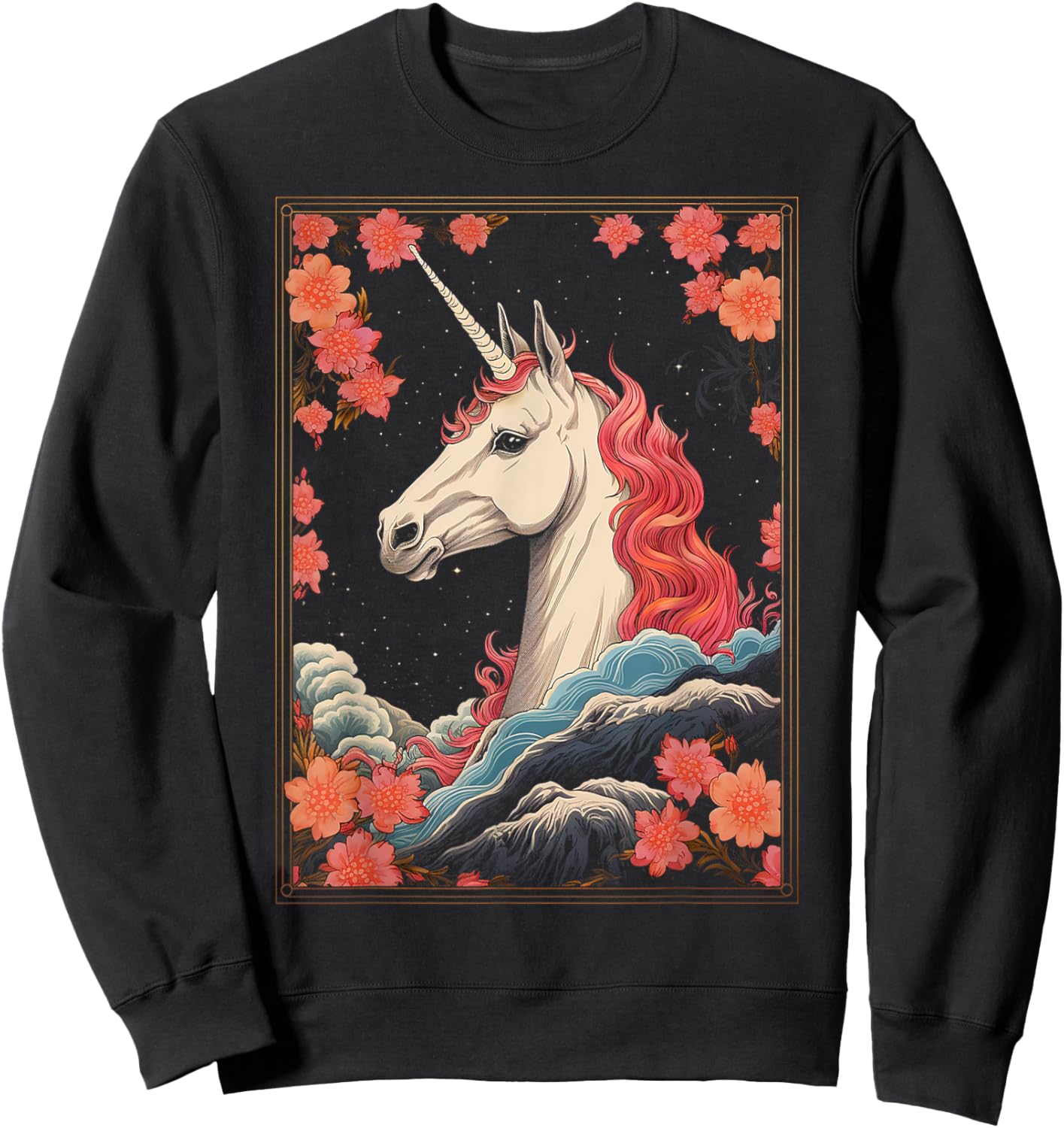 Unicorn Flowers Animal Nature Motif Unicorn Sweatshirt - Sweatshirt | Black