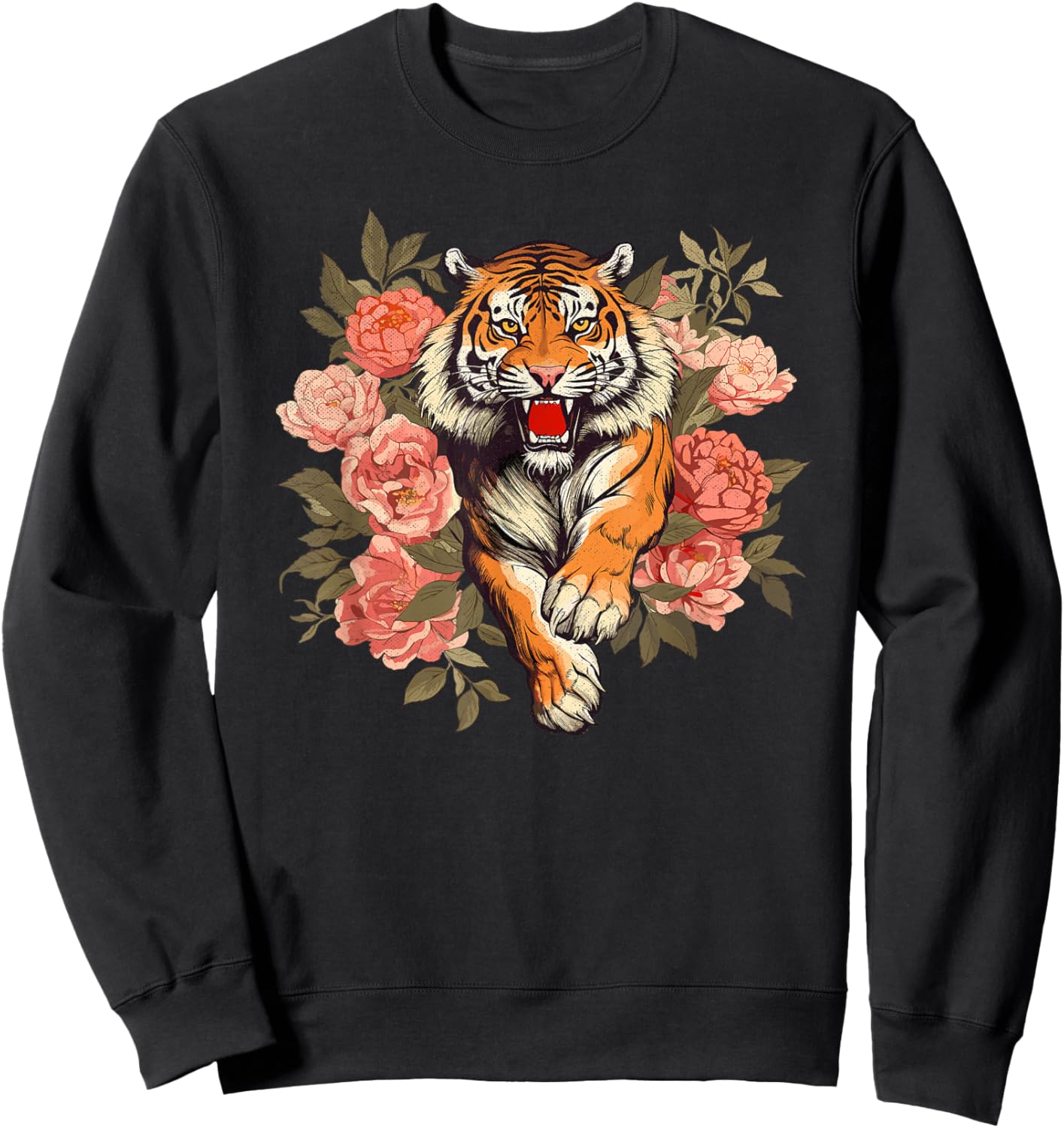 Floral Tiger Animal Graphic Men Women Nature Floral Sweatshirt - Sweatshirt | Black