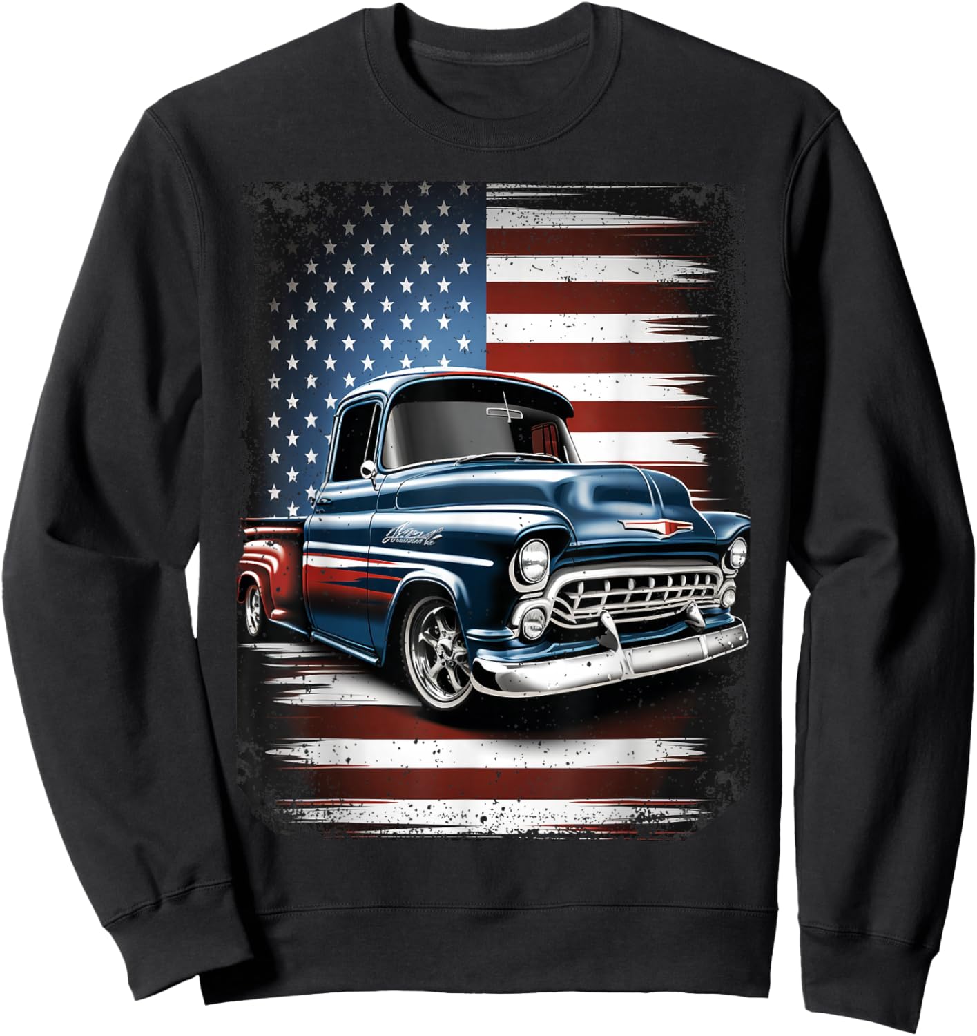Classic Old Pickup Truck American Flag 4th of July Patriotic Sweatshirt - Sweatshirt | Black