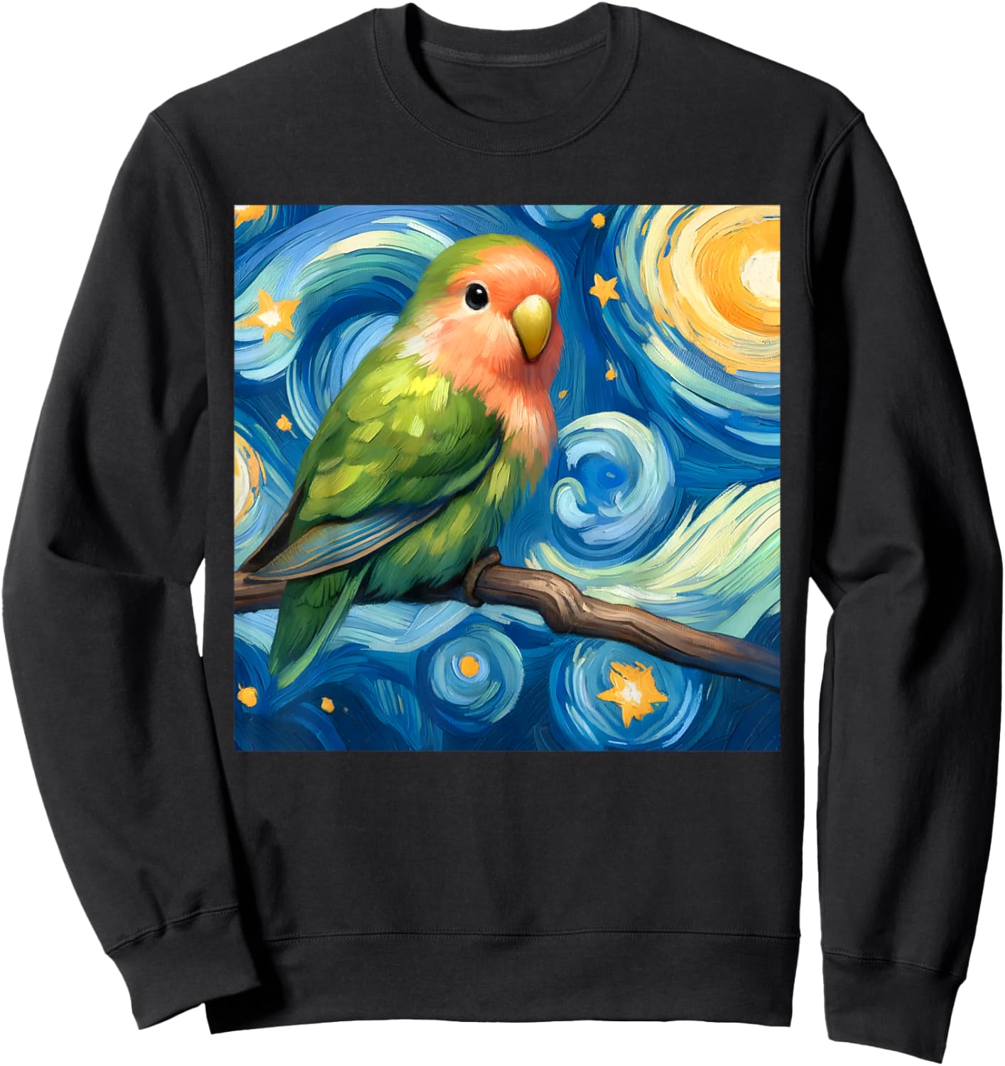 Rosy-faced Green Lovebird Parrot Starry Night Sky Van Gogh Sweatshirt - Sweatshirt | Black