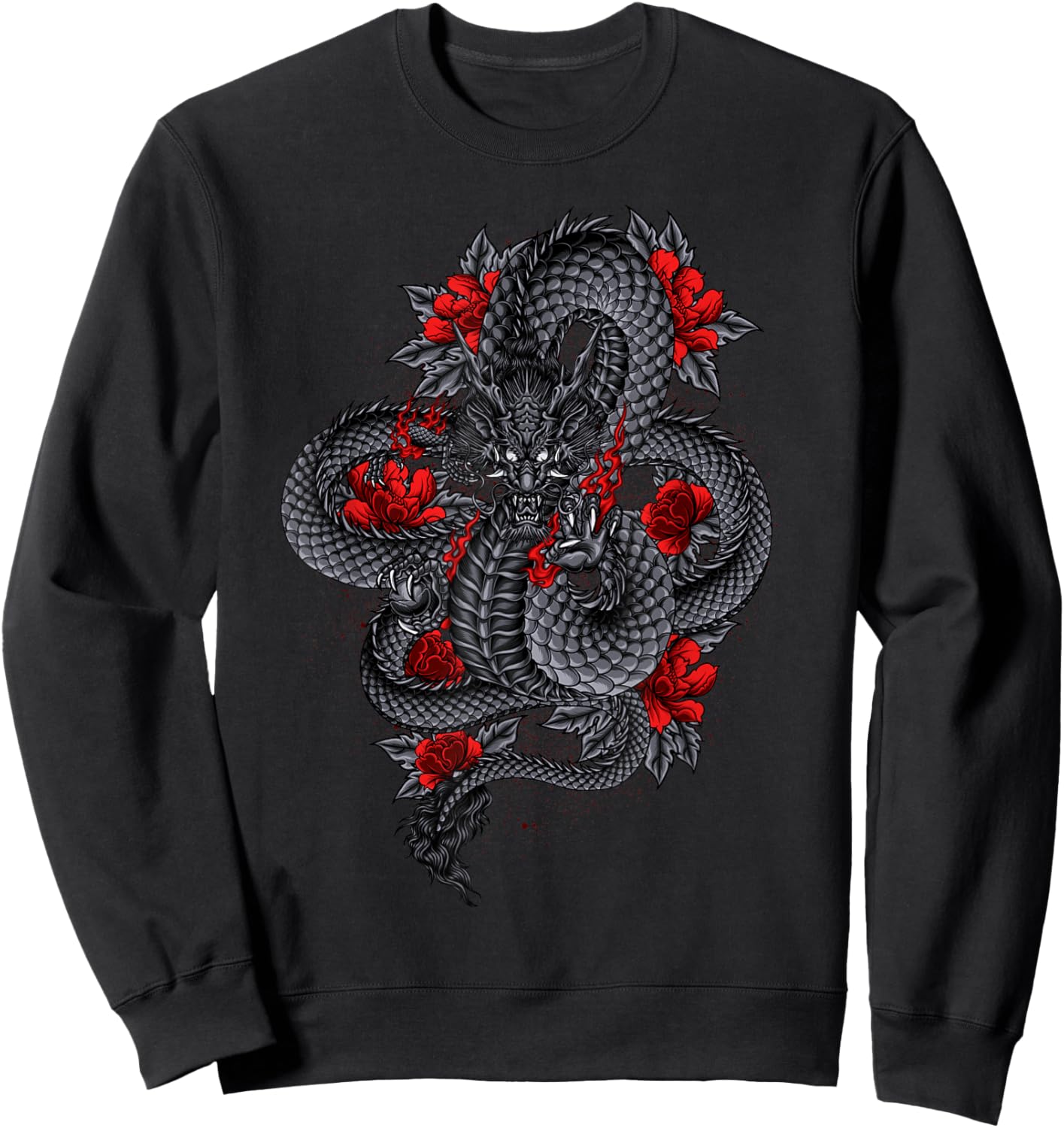 Black Dragon With Red Flowers Sweatshirt - Sweatshirt | Black
