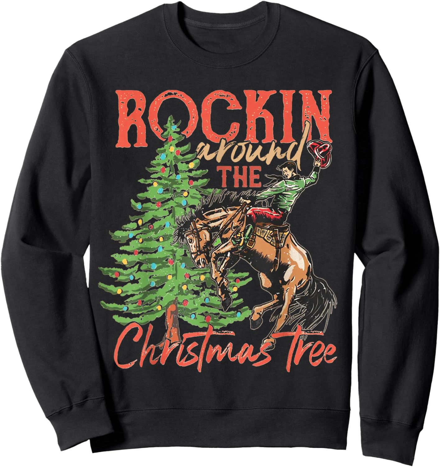Rocking Around The Christmas Tree Christmas Cowboy Horse Sweatshirt - Sweatshirt | Black