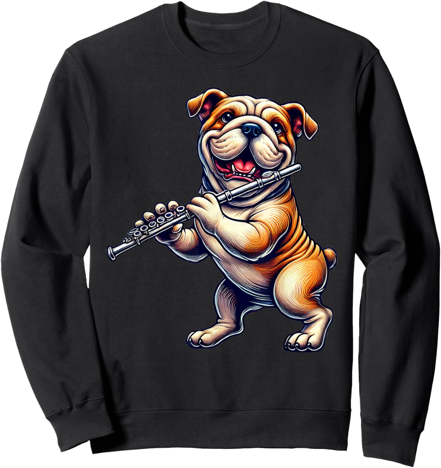 Cute English Bulldog Dog Playing Flute Musician Music Sweatshirt - Sweatshirt | Black