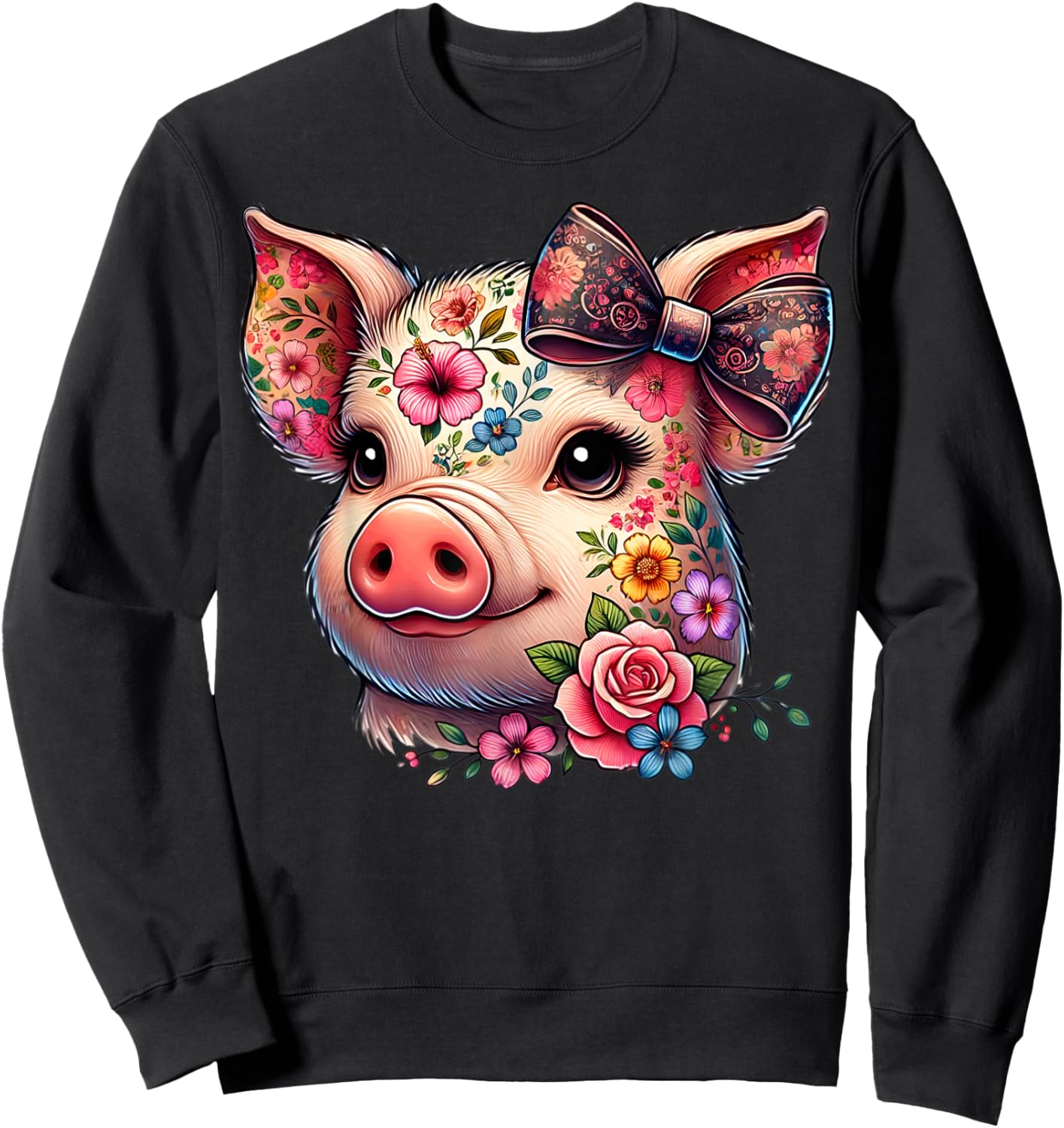 Adorable Pig Flower Graphic Pig Farm Animal Lovers and Girls , Black, S Sweatshirt - Sweatshirt | Black