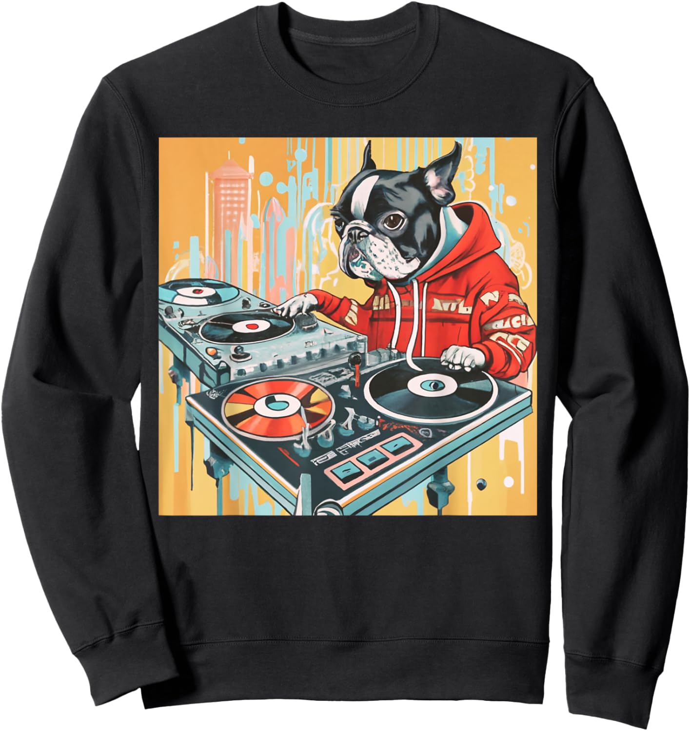Boston Terrier DJ Turntables Cool Dog Men Women Kids Sweatshirt - Sweatshirt | Black