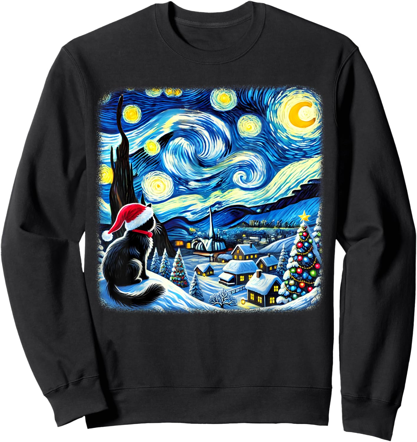 Christmas Van Gogh Starry Night Black Cat Santa Hat Xmas Women Kids Sweatshirt - Sweatshirt | Black