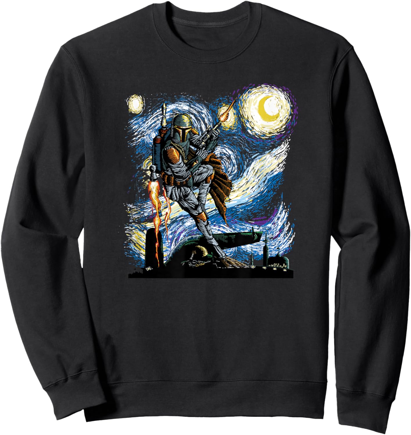 Star Wars Classic Boba Fett Van Gogh's Starry Night Painting Sweatshirt - Sweatshirt | Black