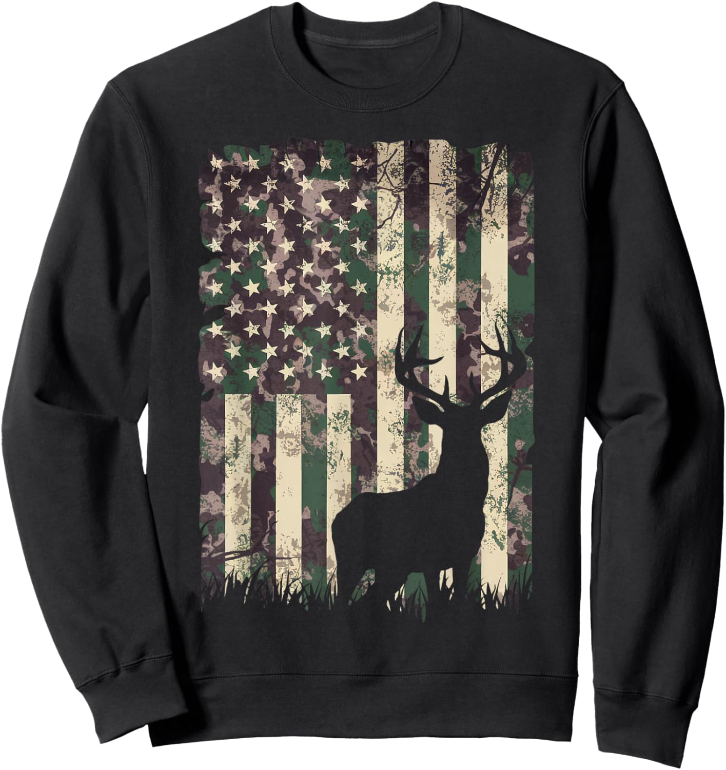 Camo US Flag Deer Camoflage Hunting Gifts Dad Hunter Sweatshirt - Sweatshirt | Black