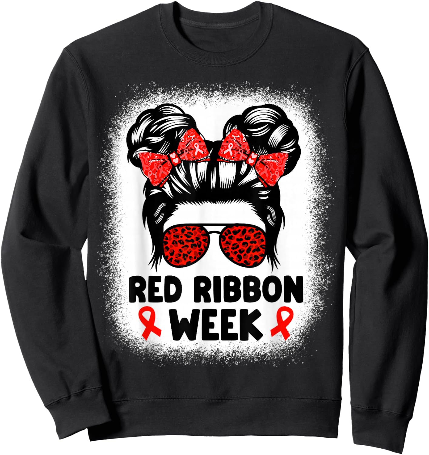 Red Ribbon Week Women Messy Bun Red Ribbon Week Awareness Sweatshirt - Sweatshirt | Black