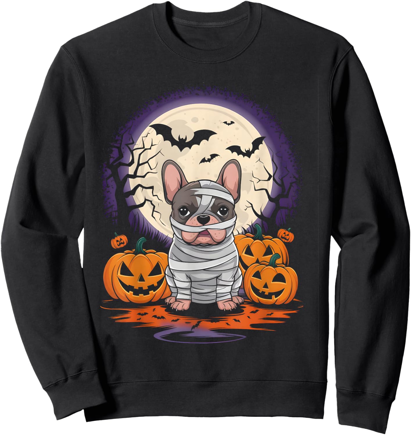 Spooky French Bulldog Mummy Full Moon - Halloween Dog Sweatshirt - Sweatshirt | Black