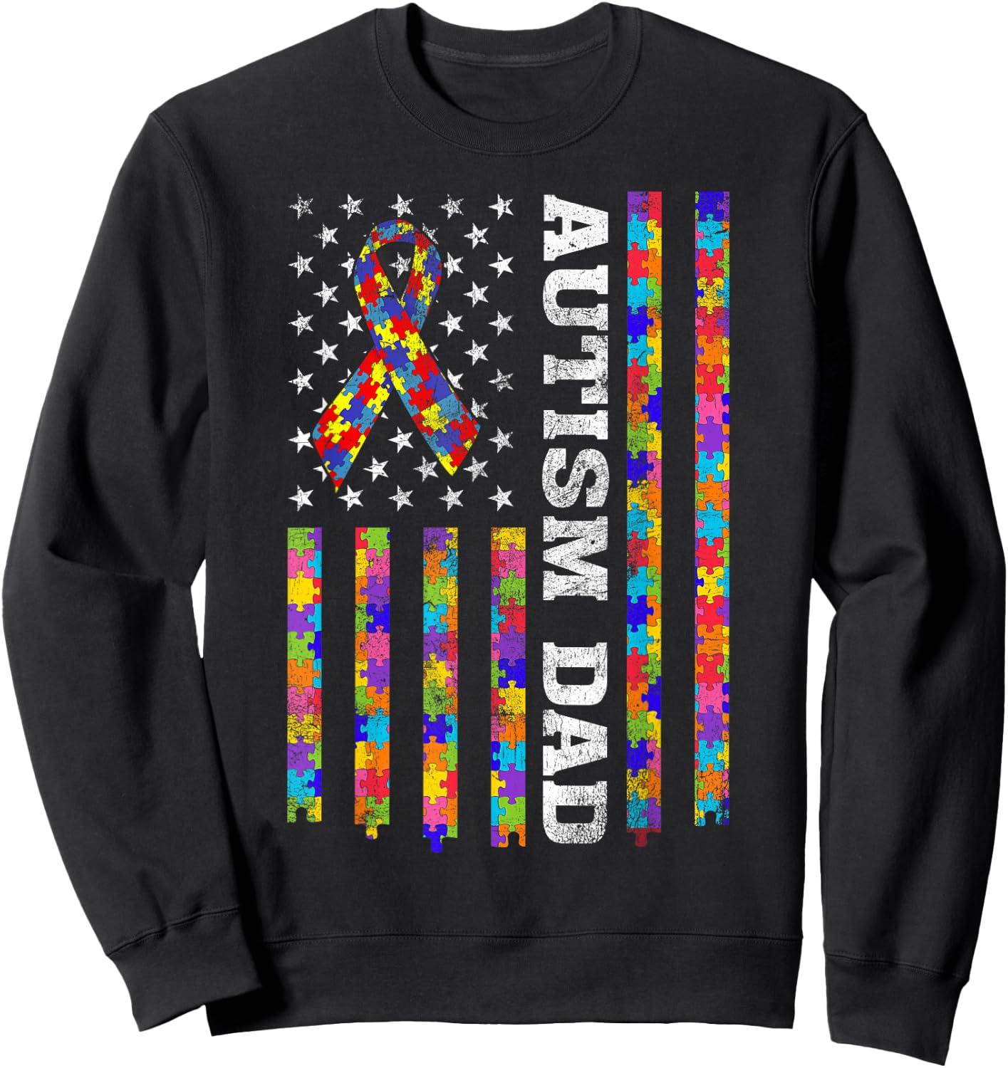 Proud Autism Dad Puzzle Piece Ribbon US American Flag Women Kids Men Sweatshirt - Sweatshirt | Black