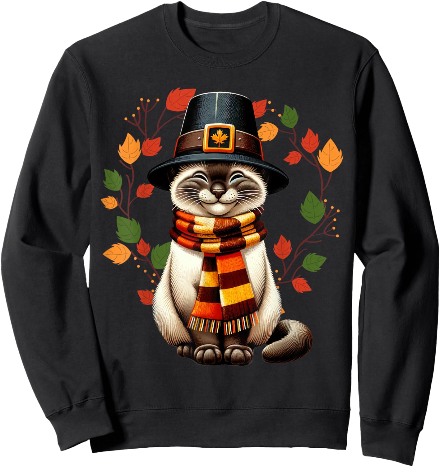 Siamese Cat Pilgrim Thanksgiving Fall Turkey, Women Girls Sweatshirt - Sweatshirt | Black