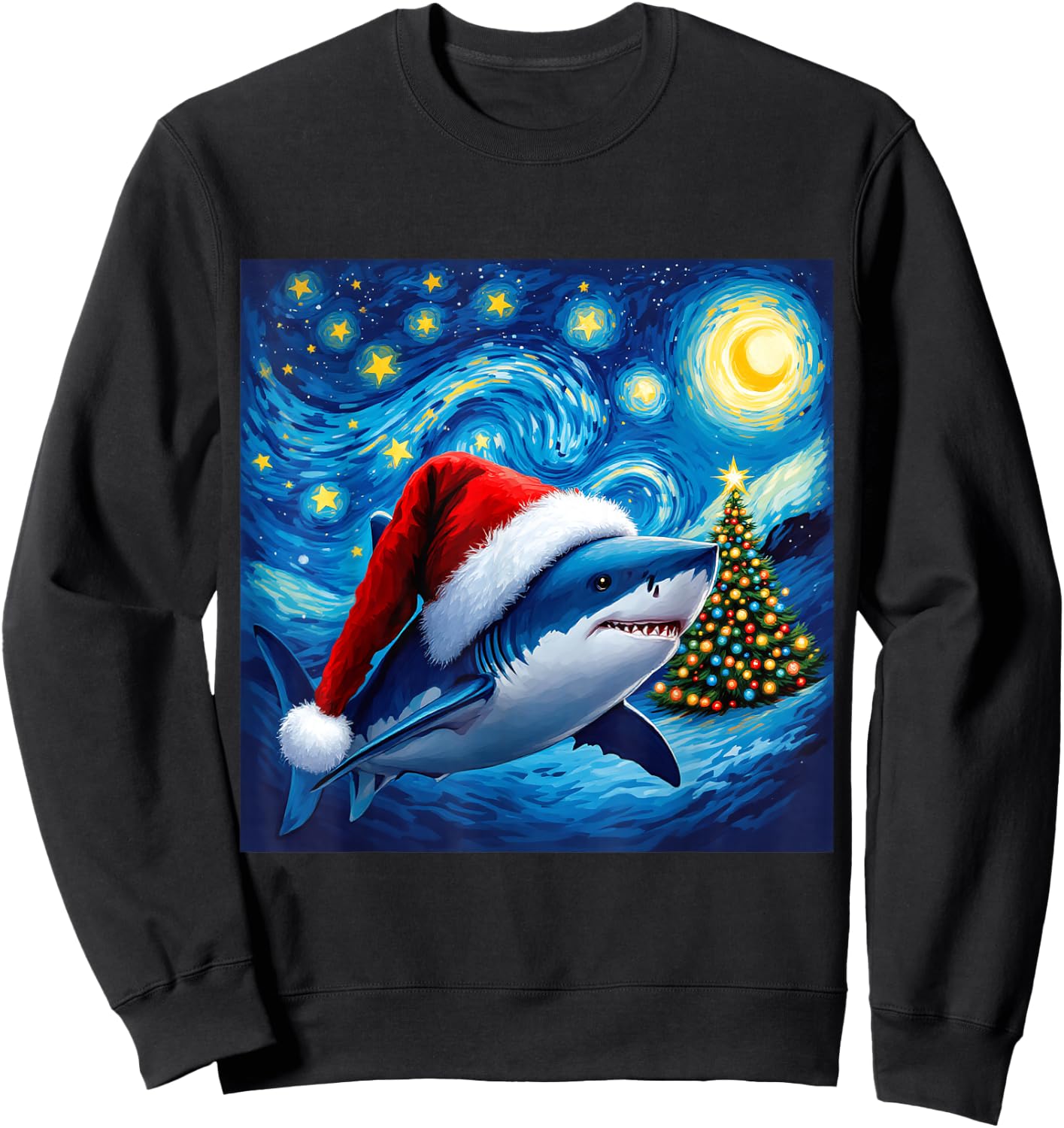 Christmas Shark Santa Hat Van Gogh Starry Night Holiday Sweatshirt - Sweatshirt | Black