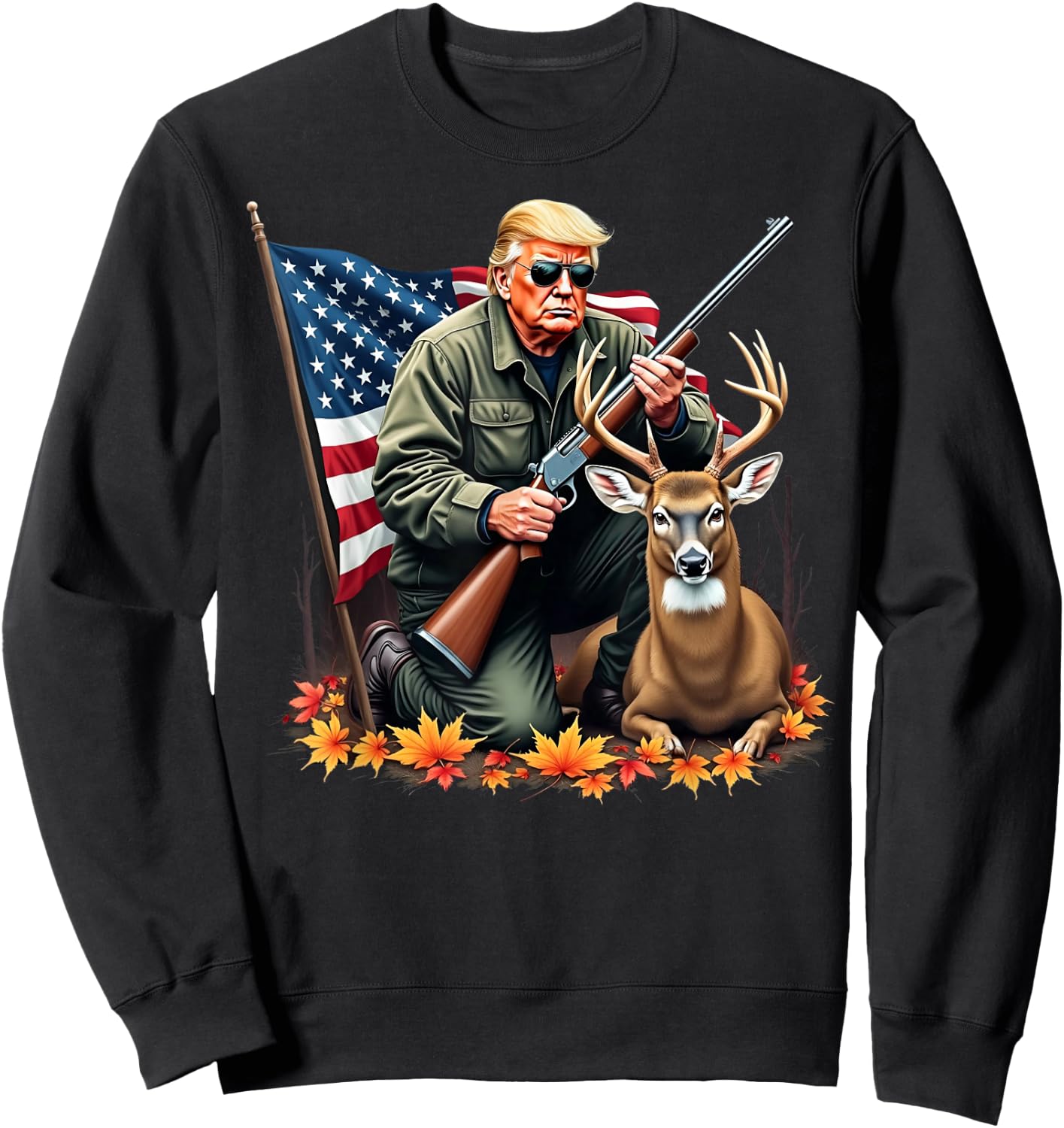 Hunting Deer Season Vintage Trump USA Flag Camouflage Sweatshirt - Sweatshirt | Black