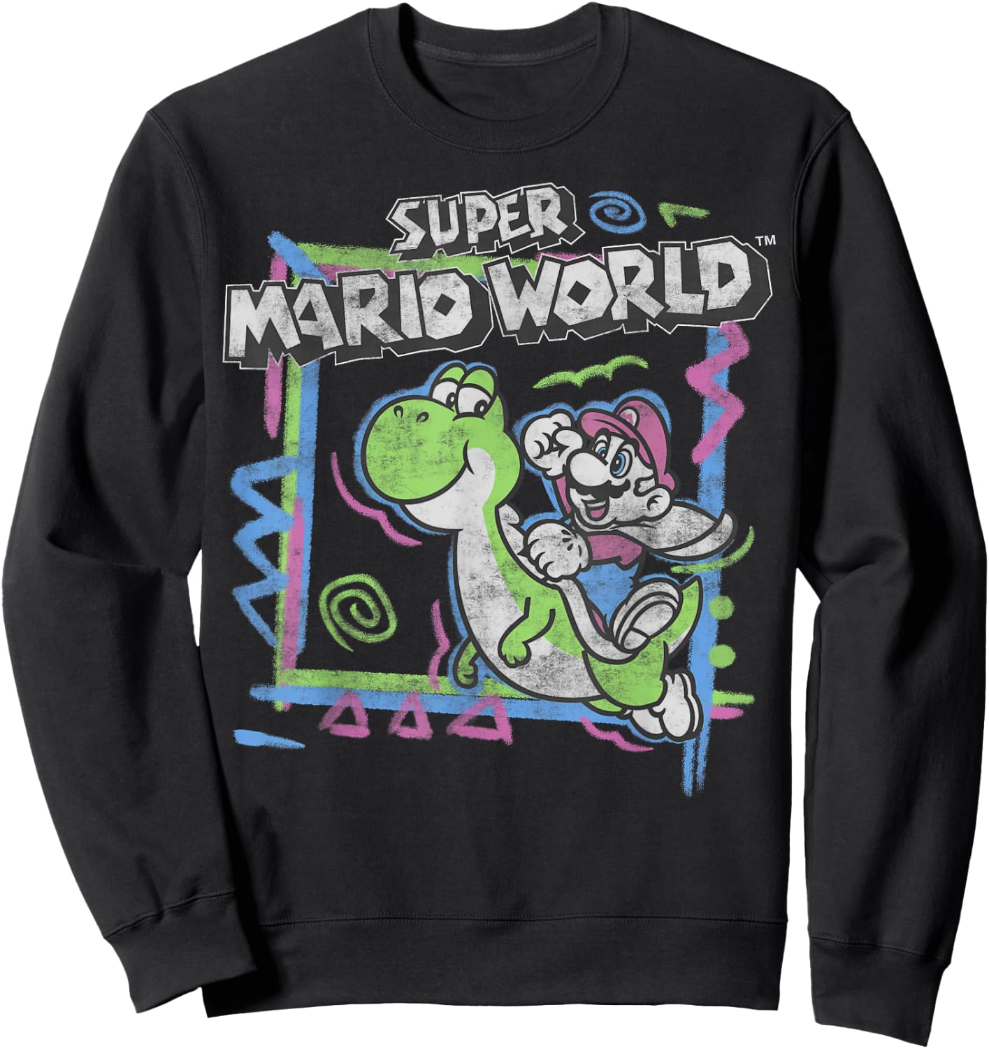 Super Mario World 90's Neon Abstract Nintendo Yoshi Ride Sweatshirt - Sweatshirt | Black