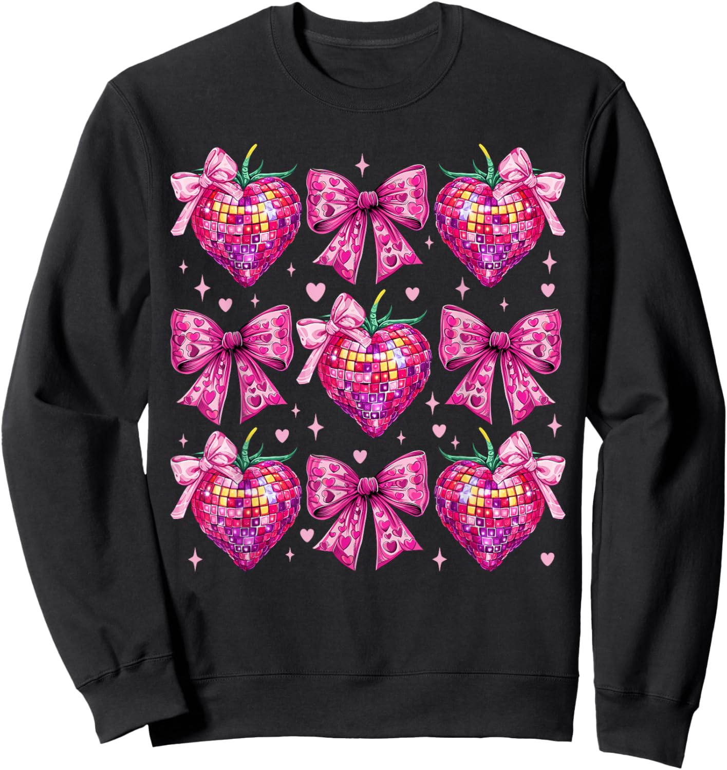 Retro Groovy Pink Coquette Bow Strawberry Valentine Heart Sweatshirt - Sweatshirt | Black