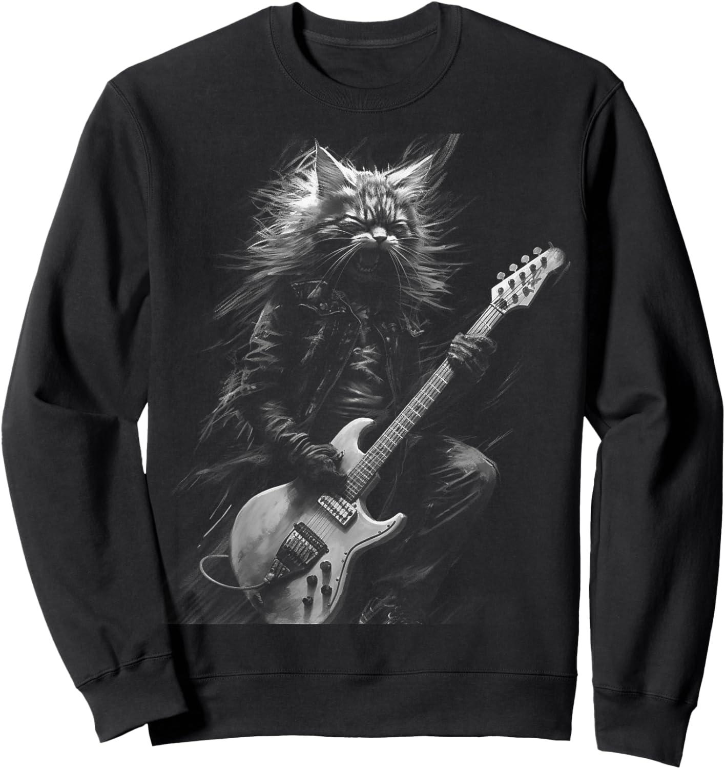 Heavy Metal Cat | Rock Star Band | Guitarist Guitar Sweatshirt - Sweatshirt | Black