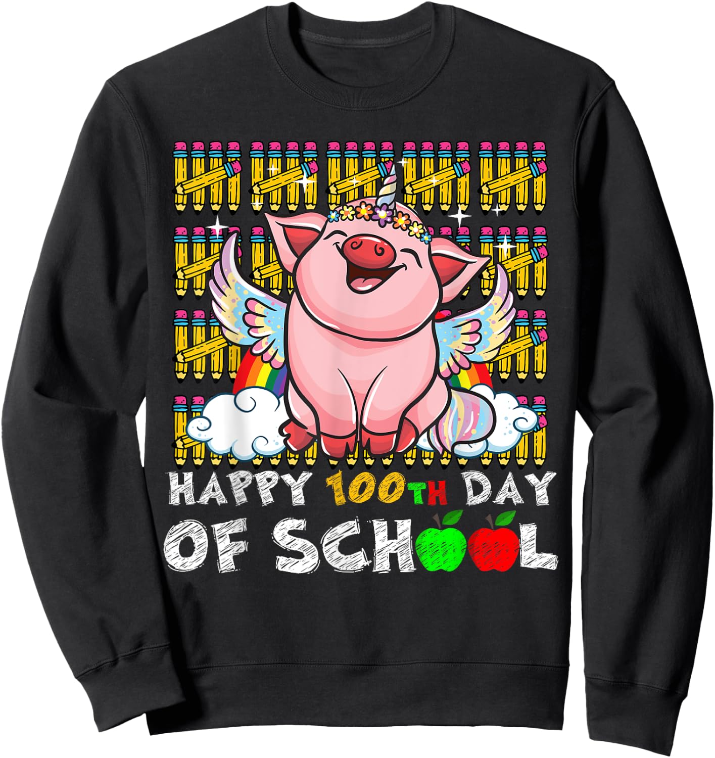 Happy 100th Day Of School Pig Funny Teacher Student Kids Sweatshirt - Sweatshirt | Black