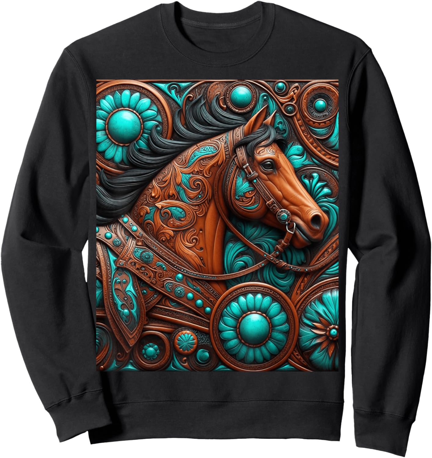 Turquoise and Chocolate Tooled Horse Sweatshirt - Sweatshirt | Black
