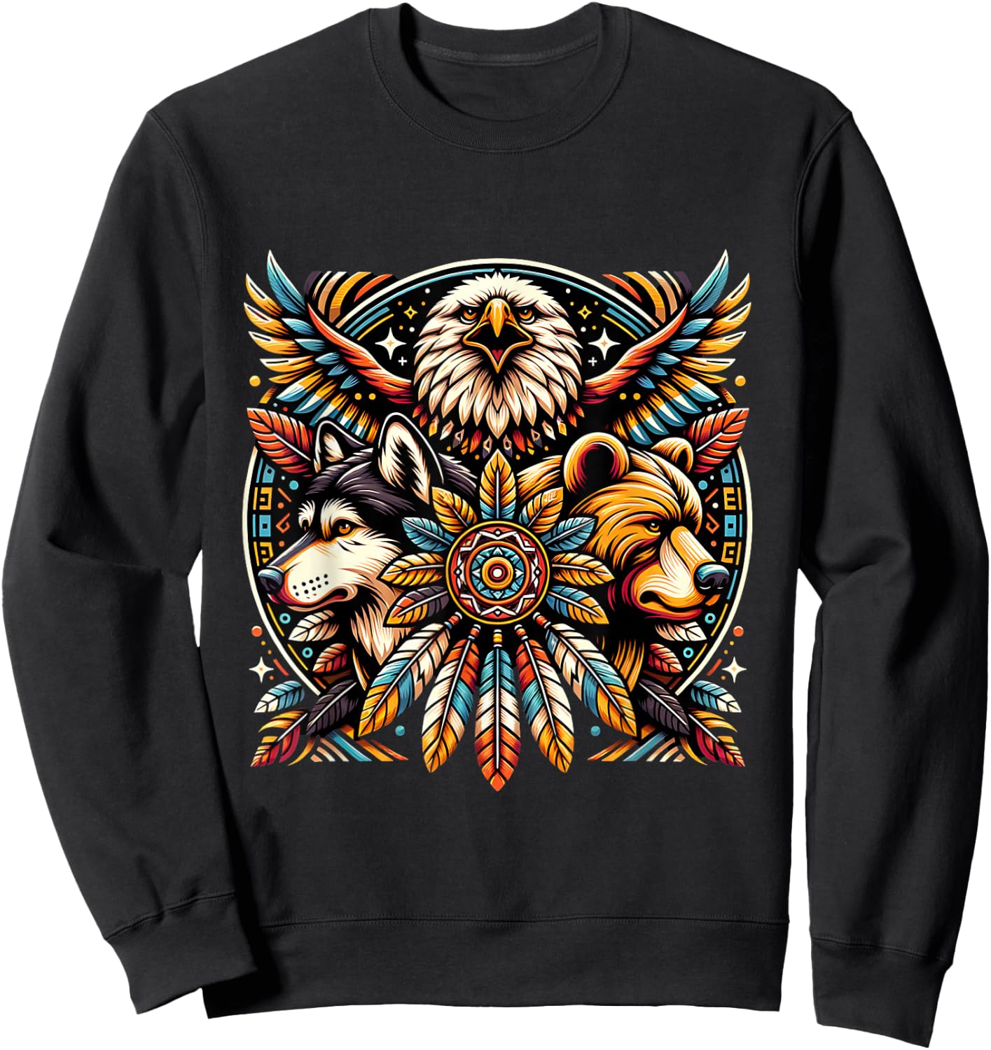 Native American Tribal Animals Bear Wolf Eagle Bohemian Sweatshirt - Sweatshirt | Black