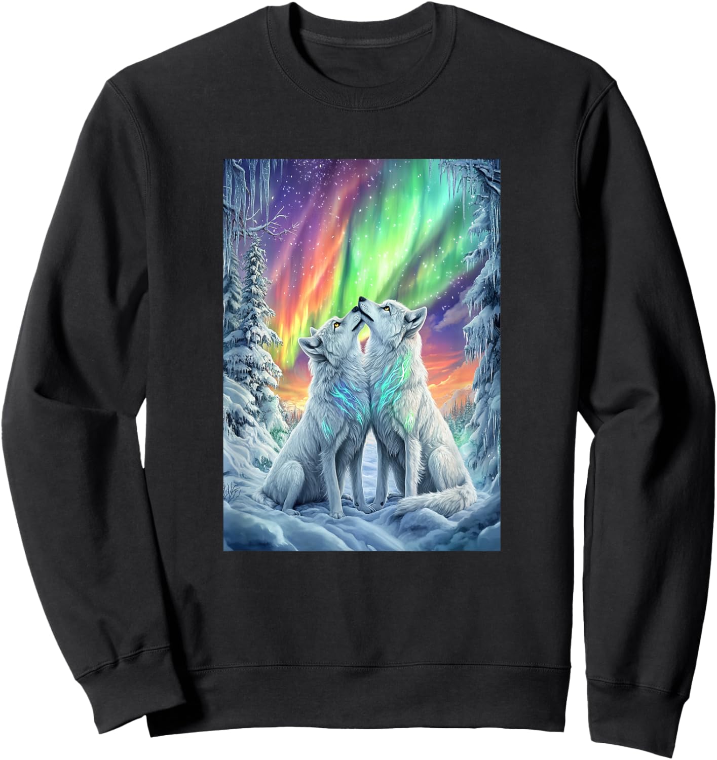 Colorful Northern Lights Wolves Nature Mtn Winter Girls Wolf Sweatshirt - Sweatshirt | Black