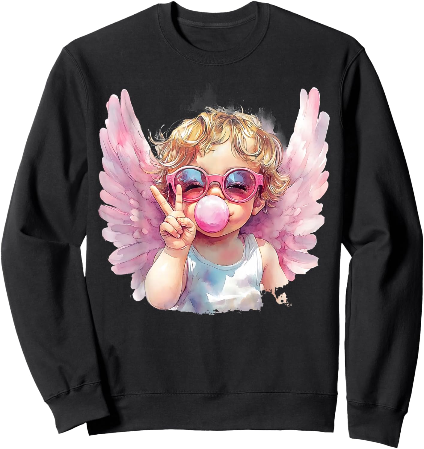 Cute Cupid Blowing Bubble Gum Sunglasses Valentine's Day Sweatshirt - Sweatshirt | Black