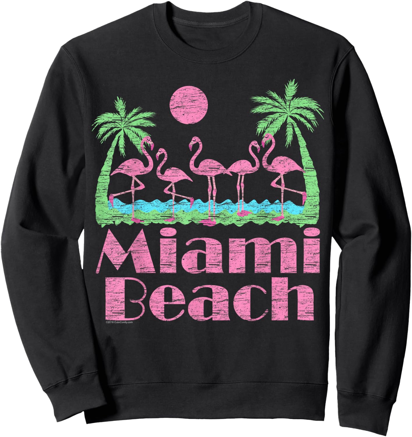 Miami Beach Pink Flamingo Florida Souvenir Men Women Kid 80s Sweatshirt - Sweatshirt | Black