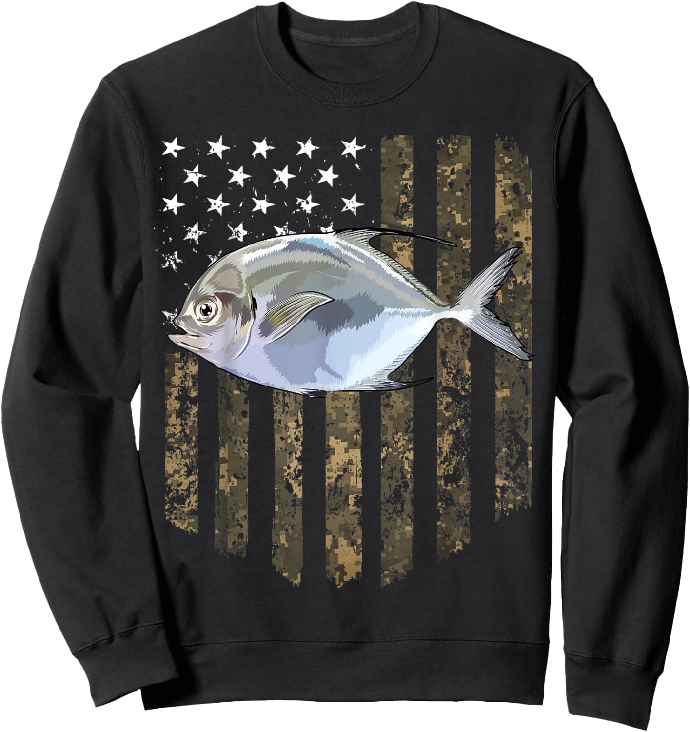 Camo American Flag Pompano Fishing 4th Of July Women Men Sweatshirt - Sweatshirt | Black