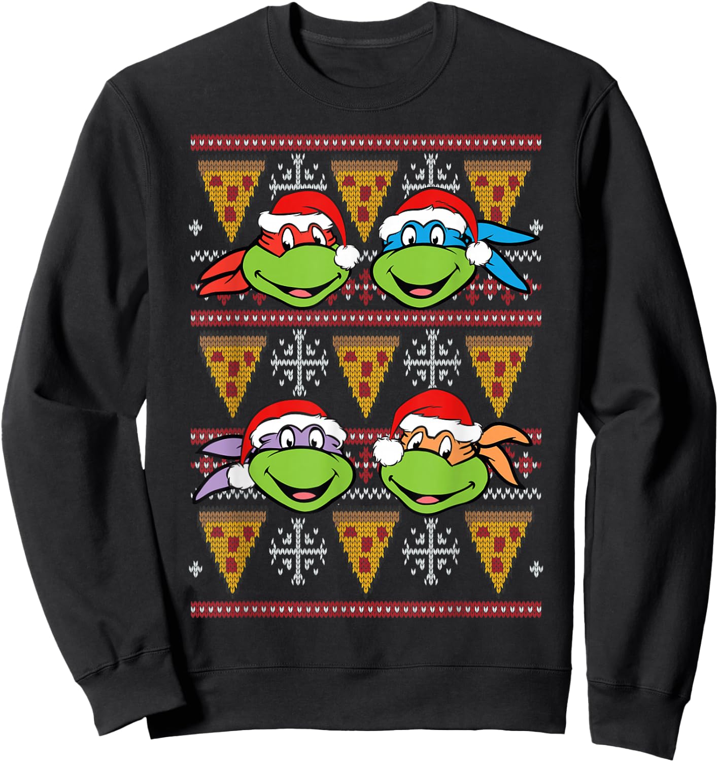 Xmas Ugly Sweater Design Tmnt Heads And Pizza Sweatshirt - Sweatshirt | Black